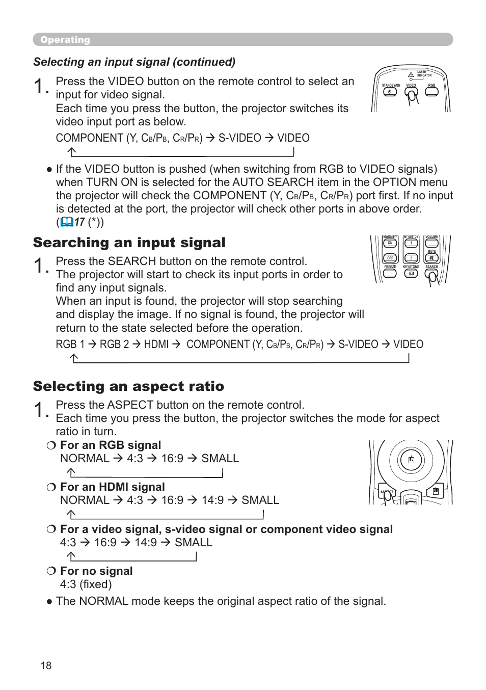 Selecting an aspect ratio, Searching an input signal, S-video  video | Rgb 1  rgb 2  hdmi  component (y, c, Operating | Planar PR Line PR9020 User Manual | Page 20 / 76