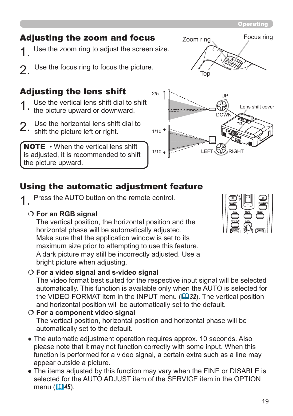 Adjusting the zoom and focus, Adjusting the lens shift, Using the automatic adjustment feature | Use the zoom ring to adjust the screen size, Use the focus ring to focus the picture, Press the auto button on the remote control | Planar PR Line PR9020 User Manual | Page 21 / 76