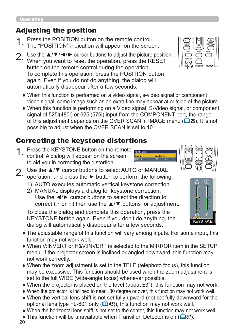 Adjusting the position, Correcting the keystone distortions, Operating | Planar PR Line PR9020 User Manual | Page 22 / 76