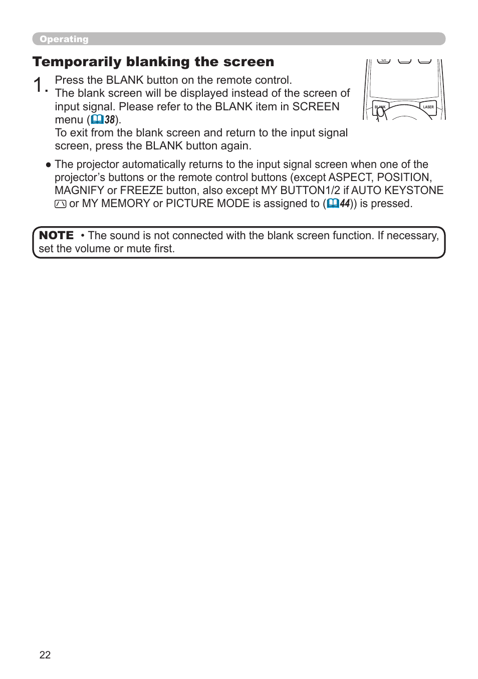 Temporarily blanking the screen, Operating | Planar PR Line PR9020 User Manual | Page 24 / 76