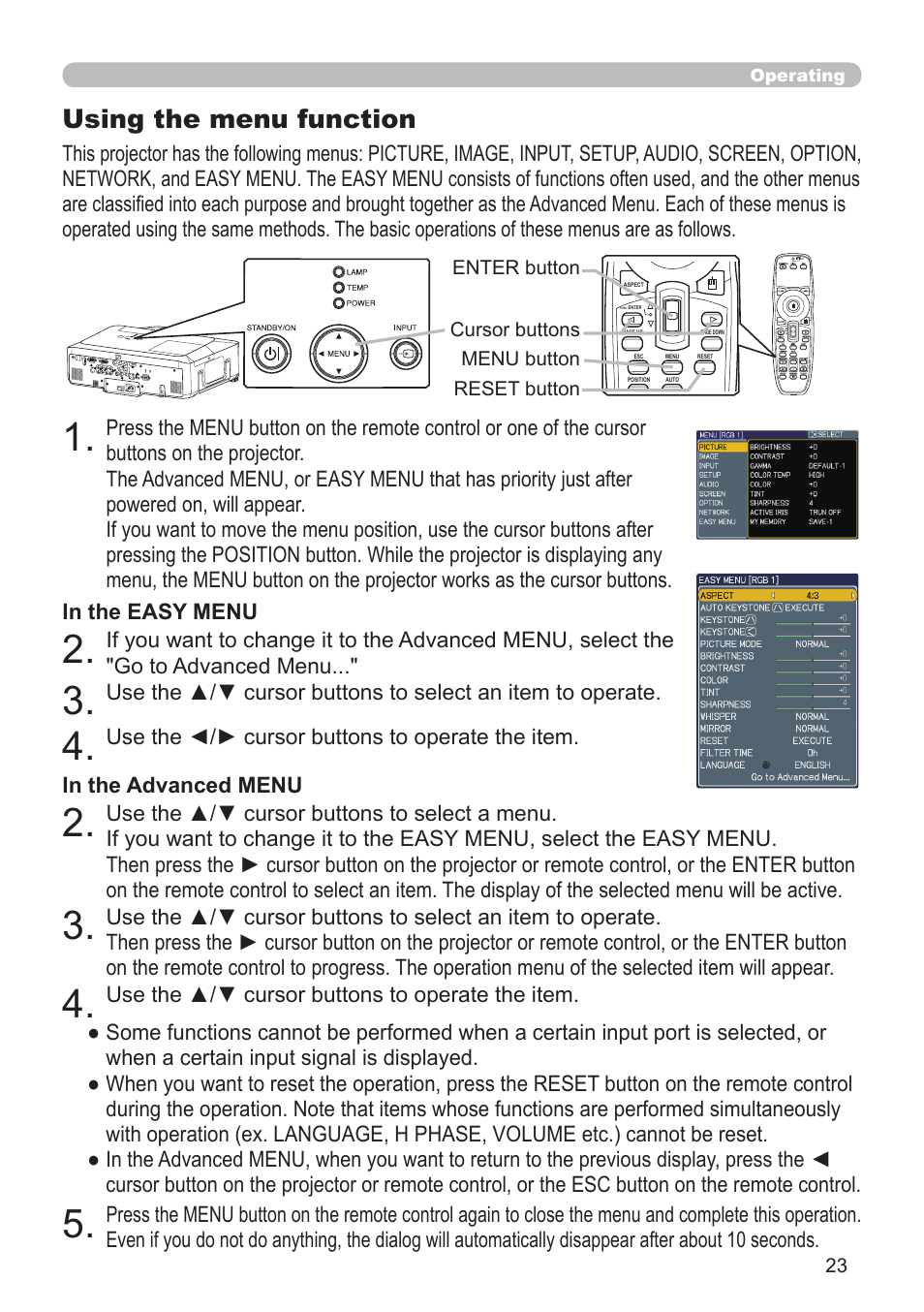 Using the menu function, Use the ◄/► cursor buttons to operate the item, Use the ▲/▼ cursor buttons to operate the item | Planar PR Line PR9020 User Manual | Page 25 / 76