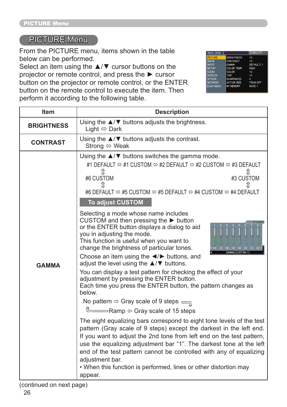 Picture menu | Planar PR Line PR9020 User Manual | Page 28 / 76