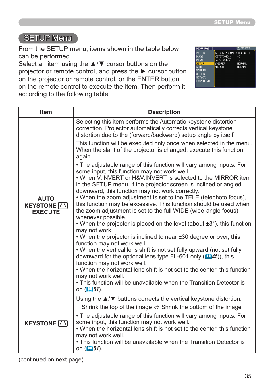 Setup menu | Planar PR Line PR9020 User Manual | Page 37 / 76