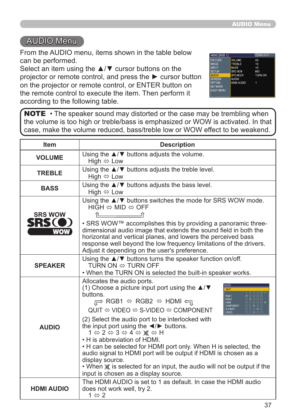 Audio menu | Planar PR Line PR9020 User Manual | Page 39 / 76