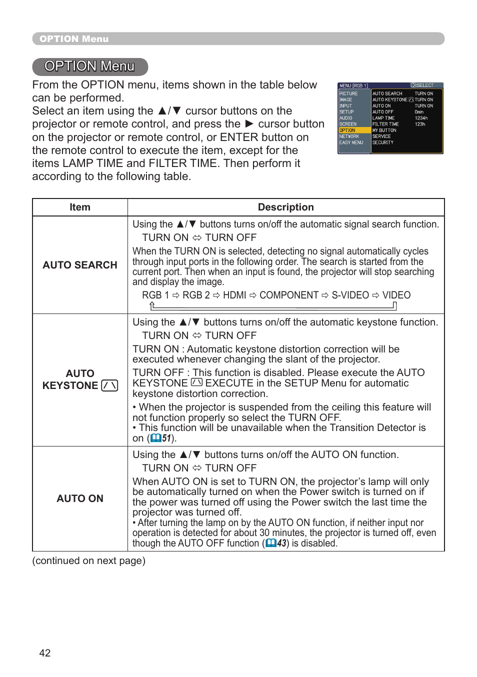 Option menu | Planar PR Line PR9020 User Manual | Page 44 / 76