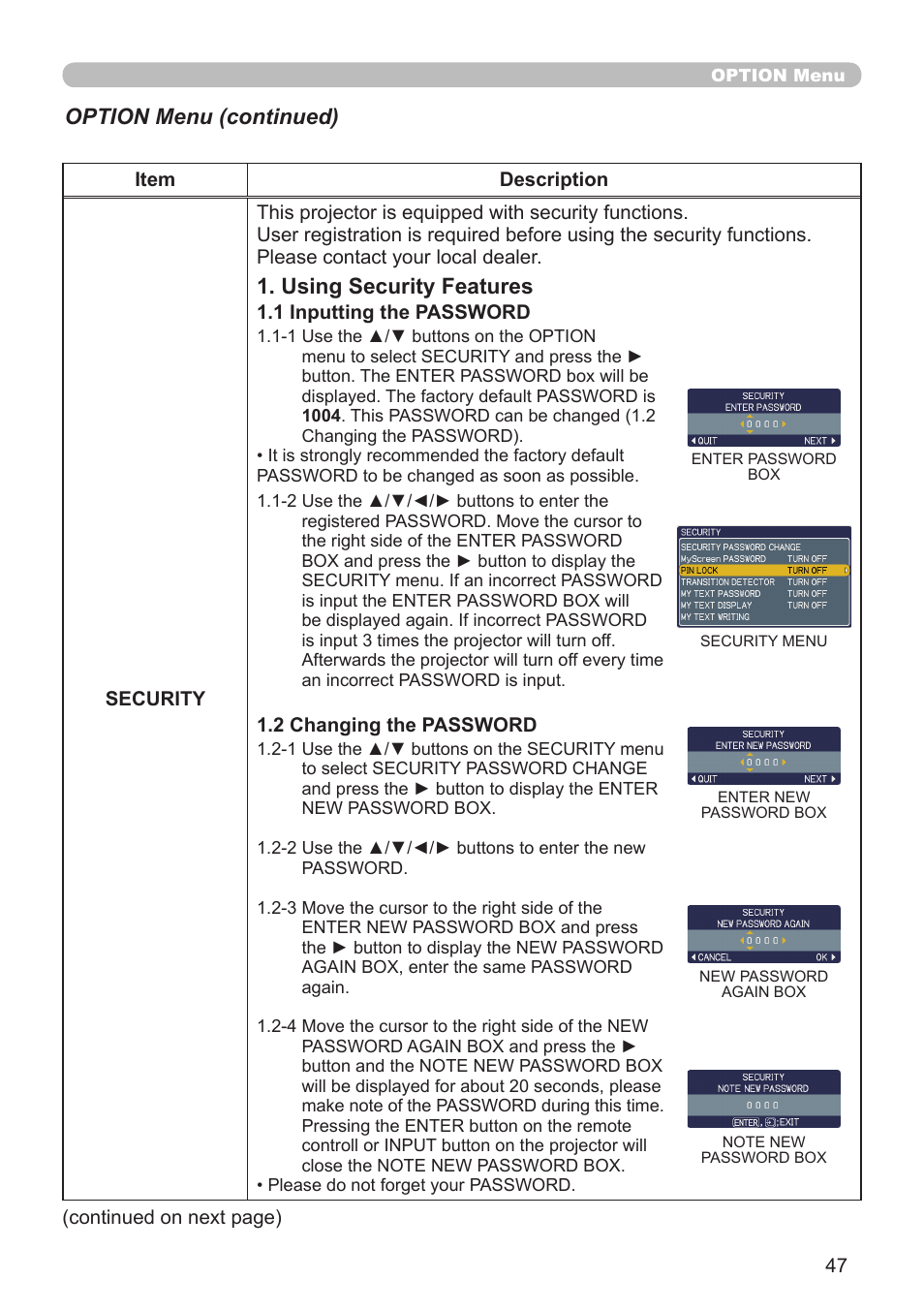 Using security features, Option menu (continued) | Planar PR Line PR9020 User Manual | Page 49 / 76
