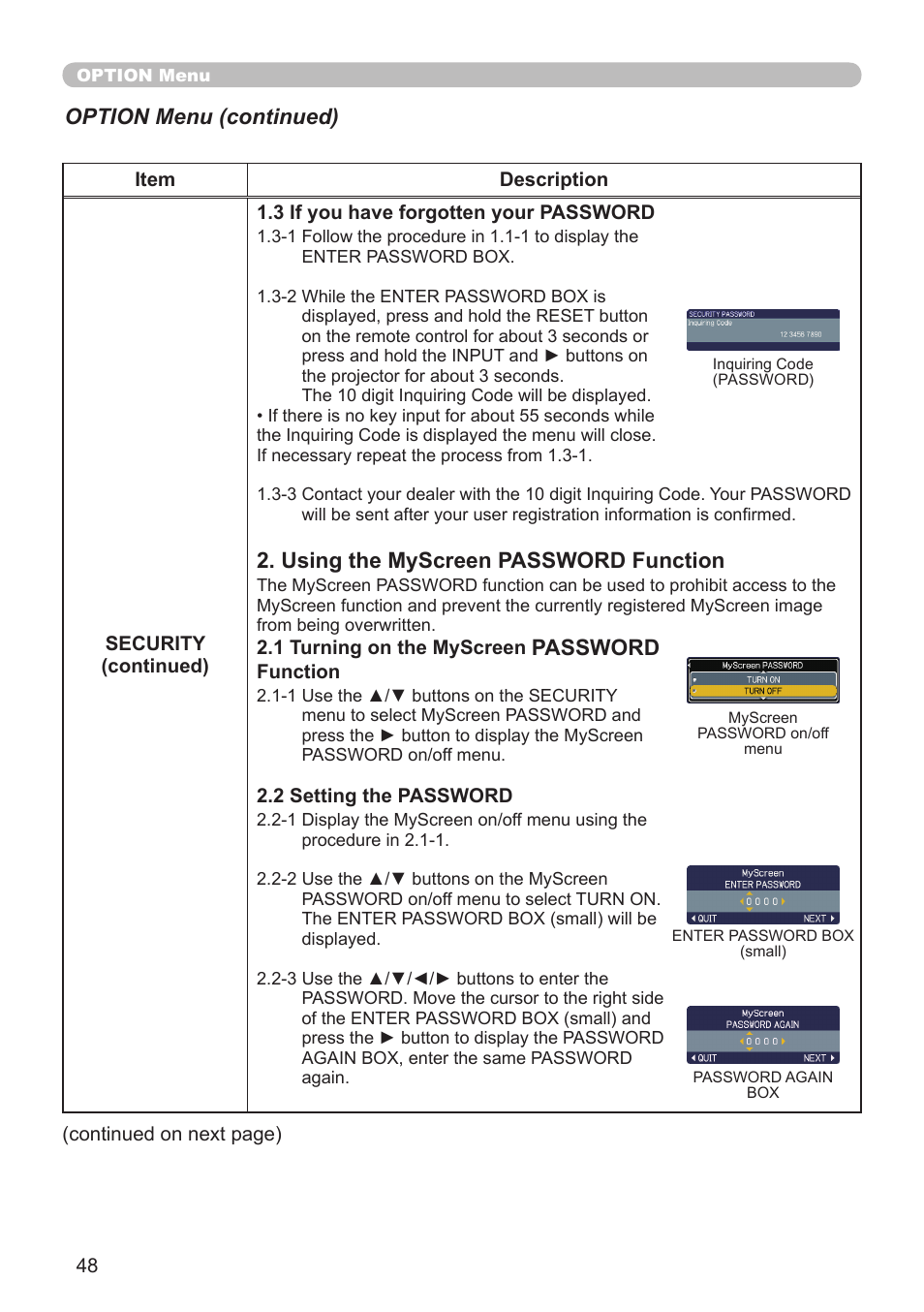 Using the myscreen password function, Password, Option menu (continued) | Planar PR Line PR9020 User Manual | Page 50 / 76