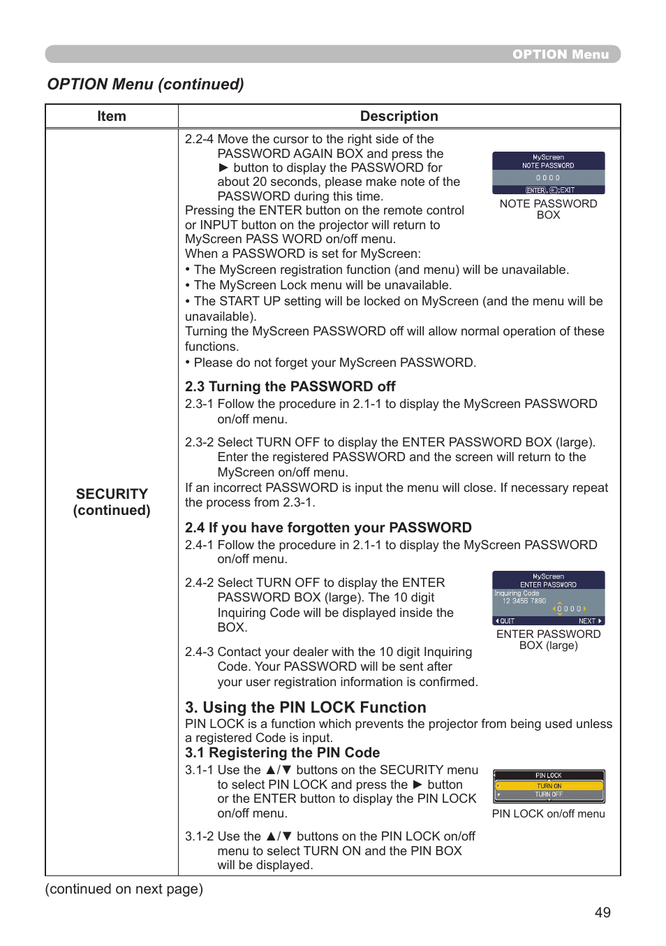 Using the pin lock function, Option menu (continued) | Planar PR Line PR9020 User Manual | Page 51 / 76