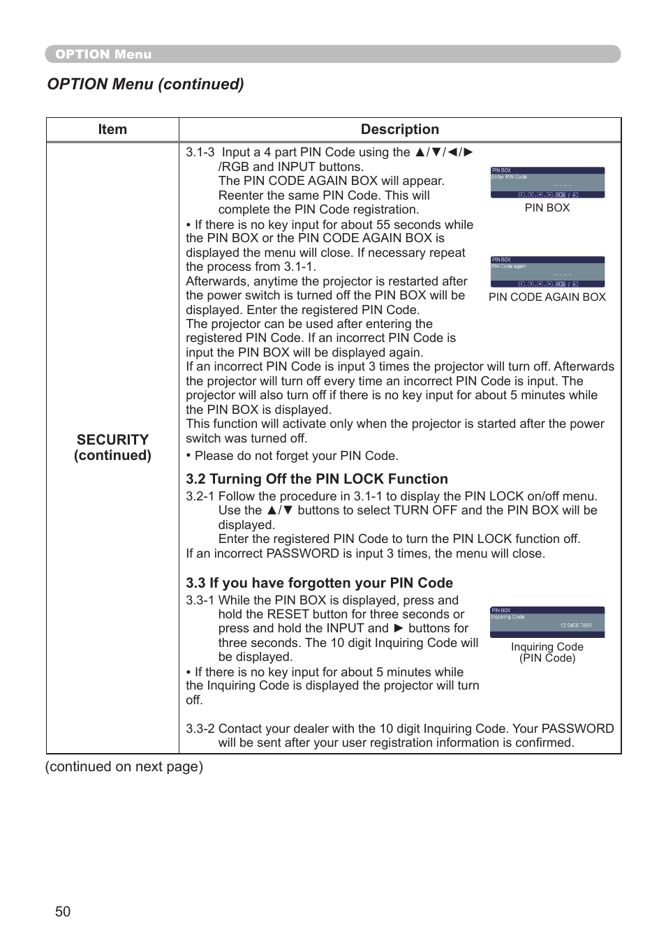 Option menu (continued) | Planar PR Line PR9020 User Manual | Page 52 / 76