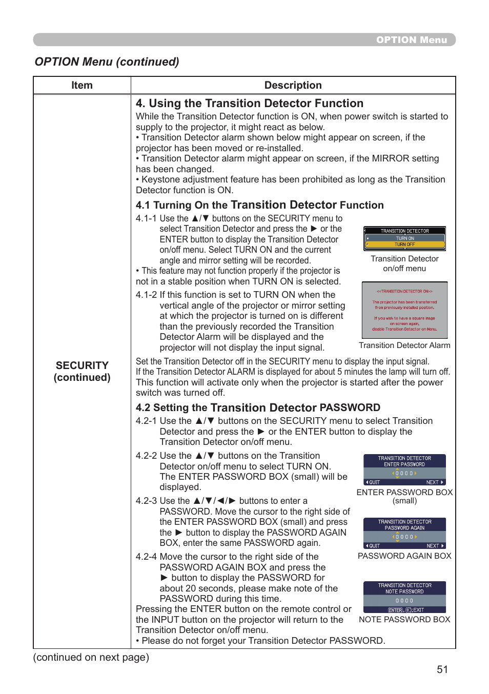 Using the transition detector function, Transition detector, Option menu (continued) | Planar PR Line PR9020 User Manual | Page 53 / 76