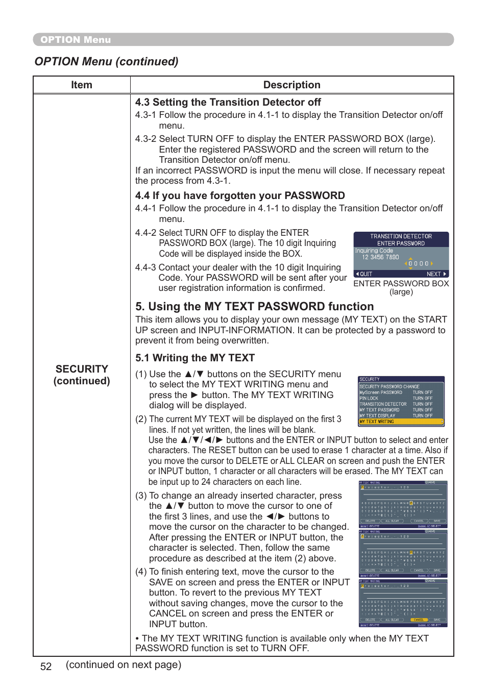 Using the my text password function, Option menu (continued) | Planar PR Line PR9020 User Manual | Page 54 / 76