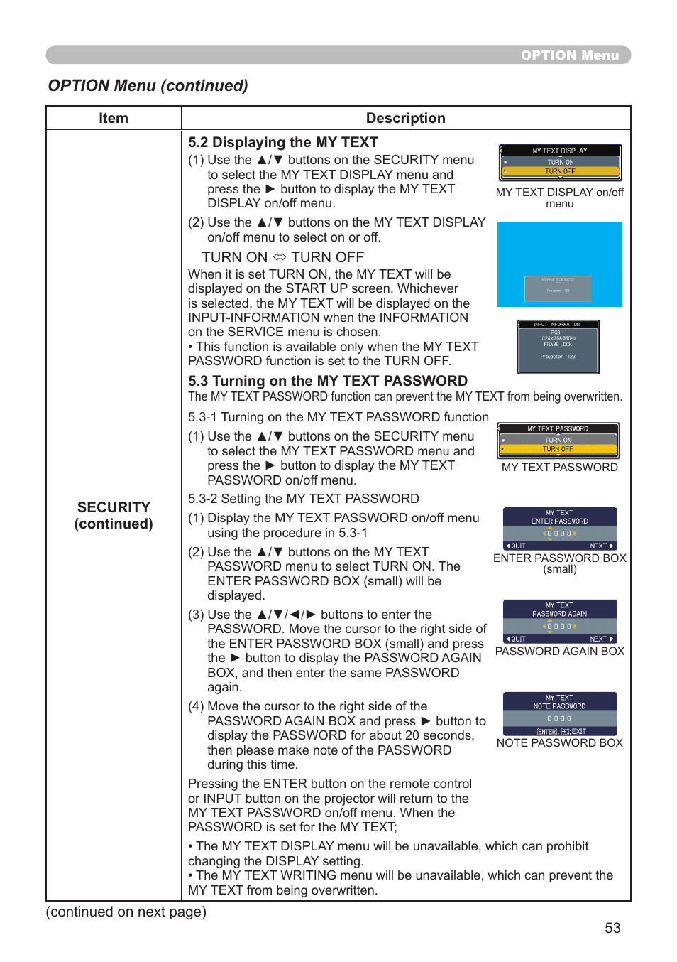 Option menu (continued) | Planar PR Line PR9020 User Manual | Page 55 / 76