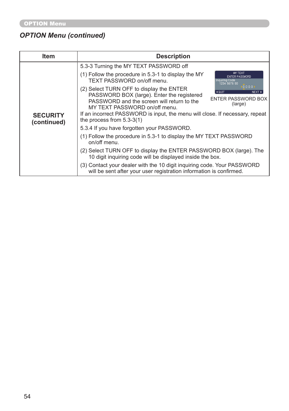 Option menu (continued) | Planar PR Line PR9020 User Manual | Page 56 / 76