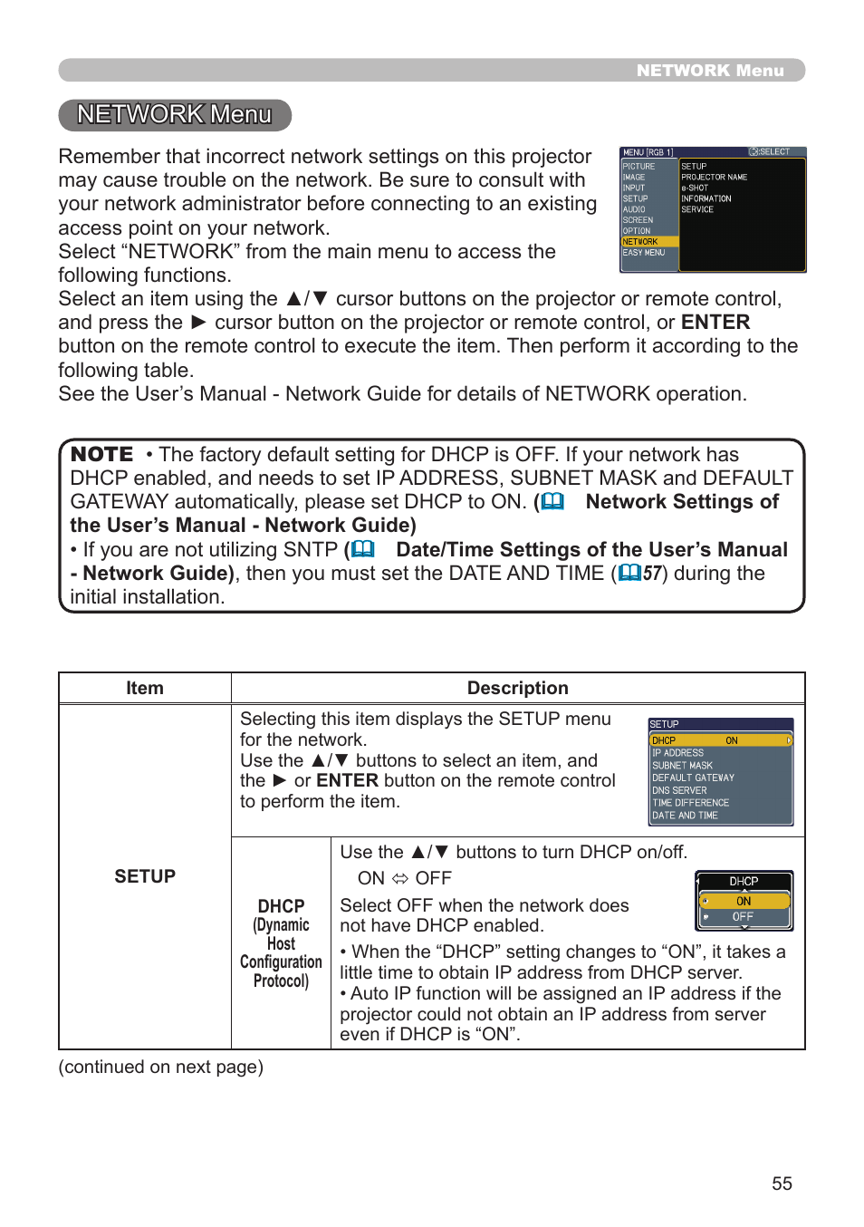 Network menu | Planar PR Line PR9020 User Manual | Page 57 / 76