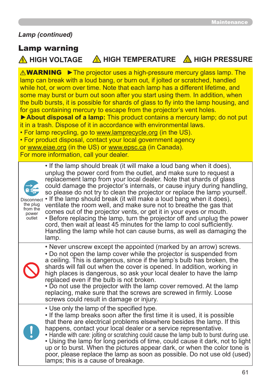 Lamp warning | Planar PR Line PR9020 User Manual | Page 63 / 76