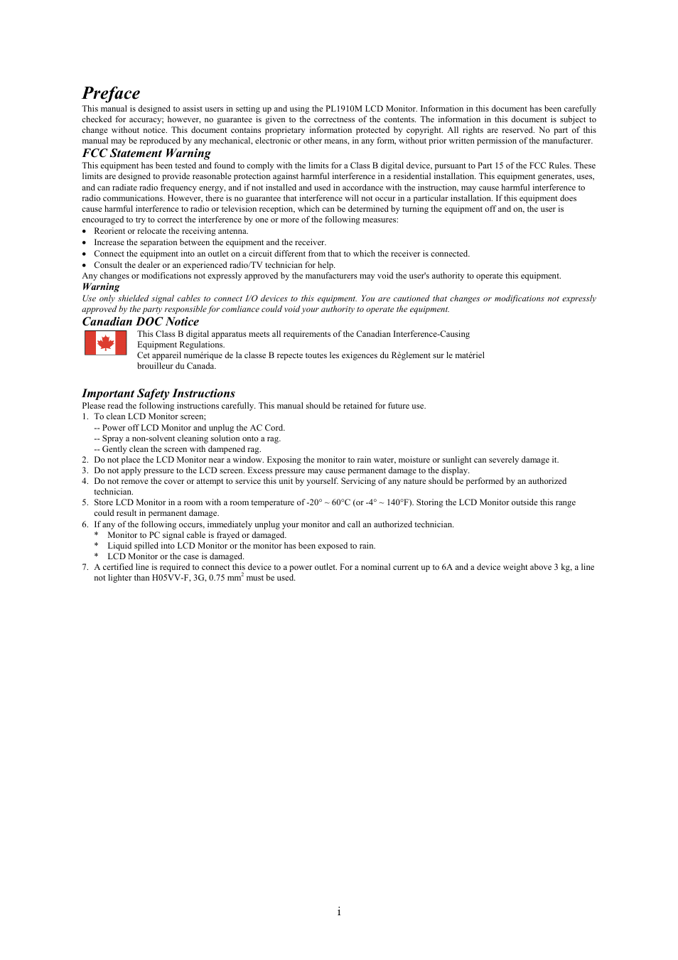 Preface, Fcc statement warning, Canadian doc notice | Important safety instructions | Planar PL1910 M User Manual | Page 3 / 13