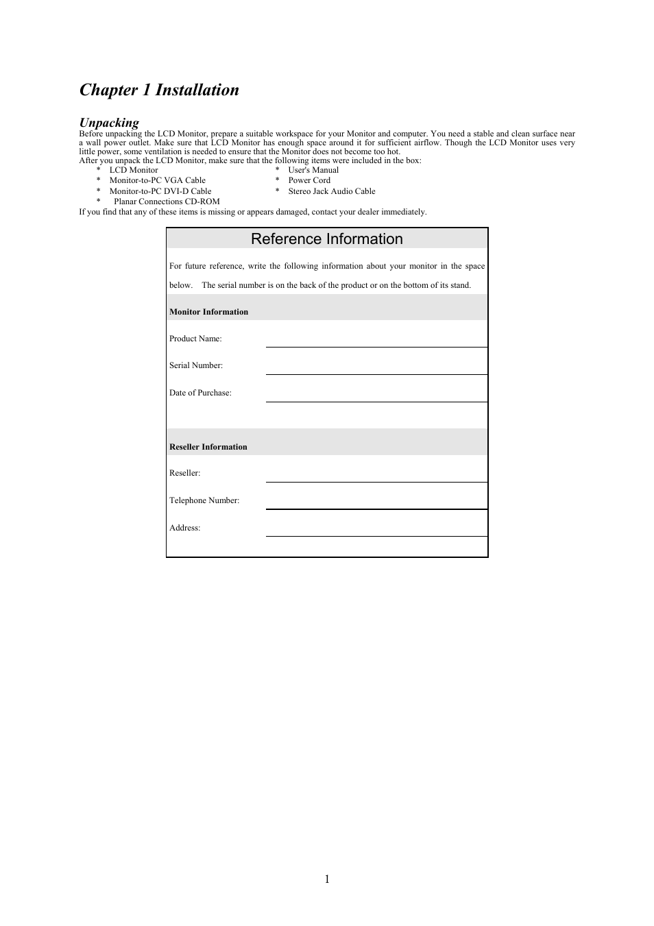 Chapter 1 installation, Reference information, Unpacking | Planar PL1910 M User Manual | Page 4 / 13