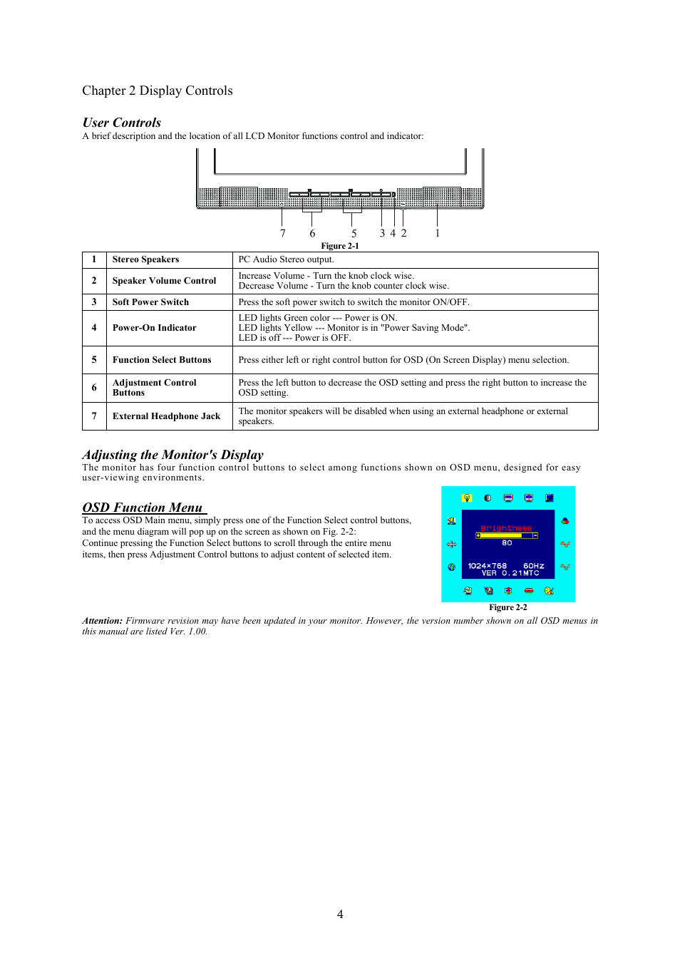 Chapter 2 display controls, User controls, Adjusting the monitor's display | Osd function menu | Planar PL1910 M User Manual | Page 7 / 13