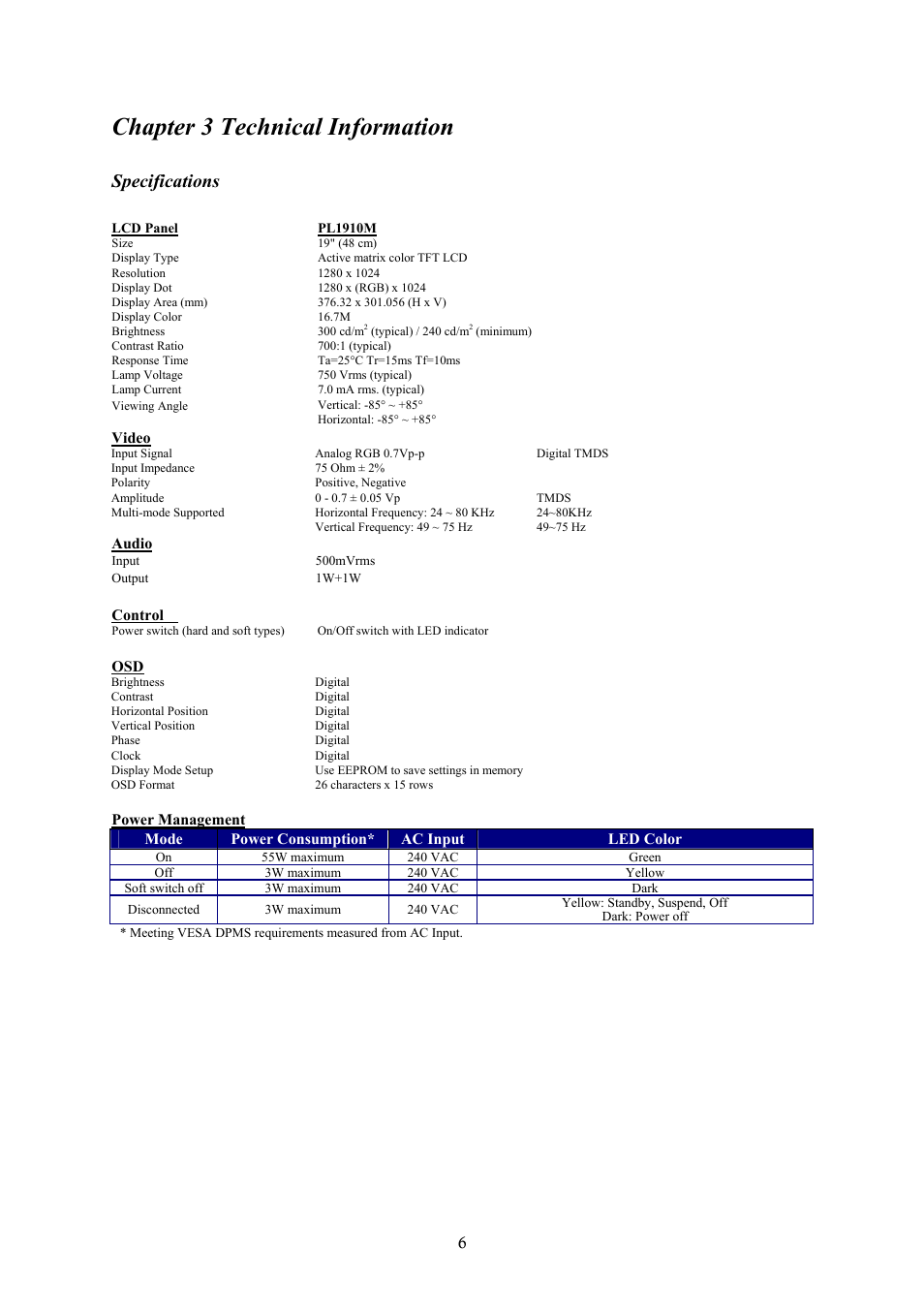 Chapter 3 technical information, Specifications | Planar PL1910 M User Manual | Page 9 / 13