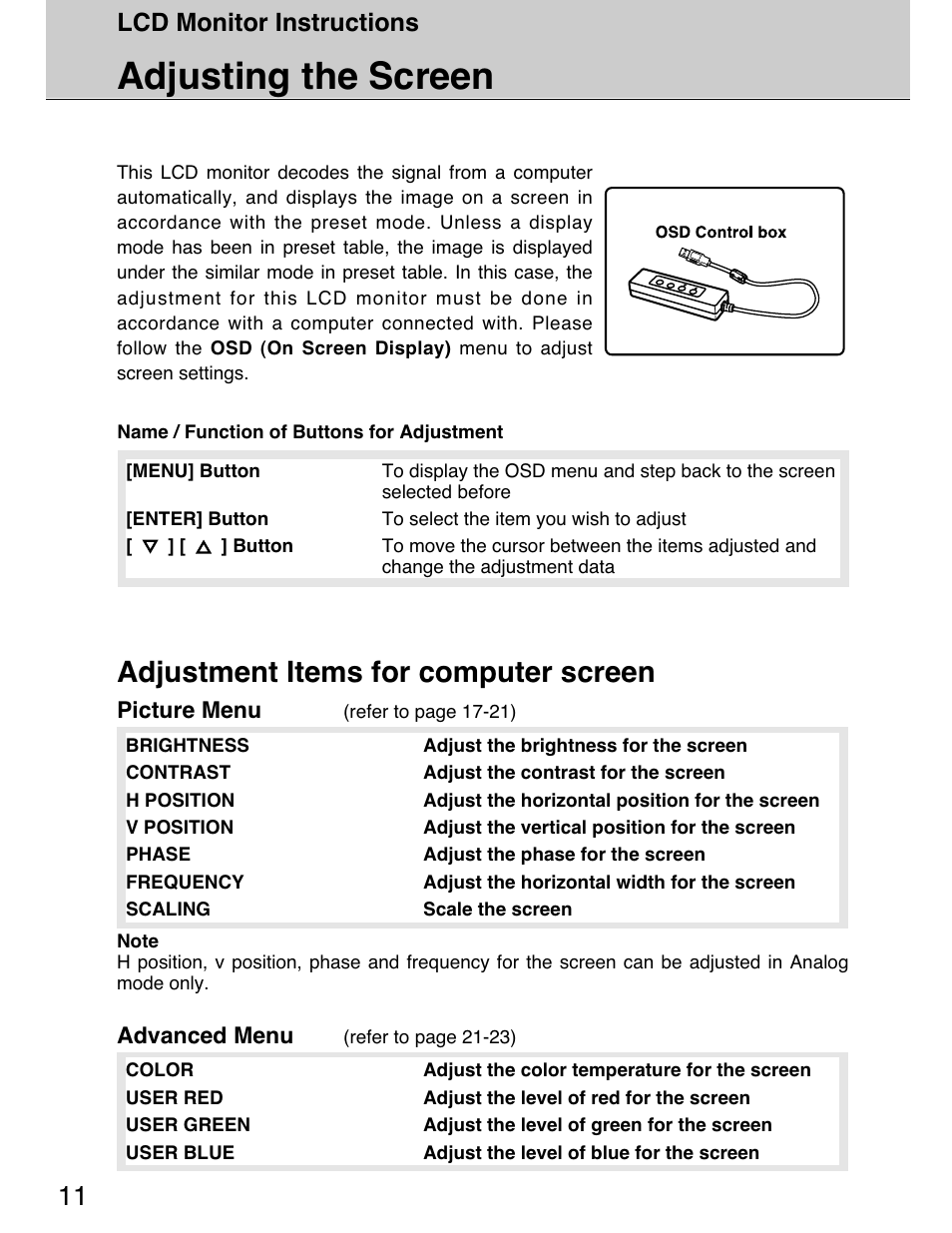 Adjusting the screen, Adjustment items for computer screen, Lcd monitor instructions | Picture menu, Advanced menu | Planar 40" User Manual | Page 12 / 60