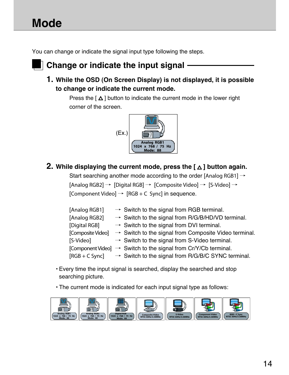 Mode, Change or indicate the input signal 1 | Planar 40" User Manual | Page 15 / 60