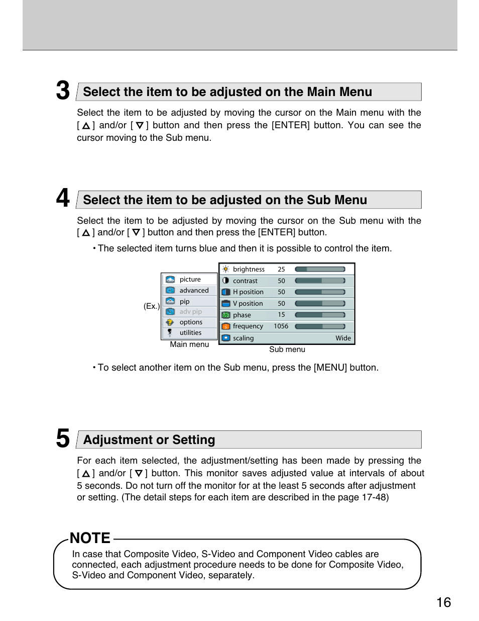 Adjustment or setting, Select the item to be adjusted on the main menu, Select the item to be adjusted on the sub menu | Planar 40" User Manual | Page 17 / 60