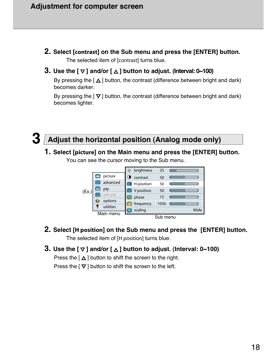 Adjust the horizontal position (analog mode only), Adjustment for computer screen | Planar 40" User Manual | Page 19 / 60
