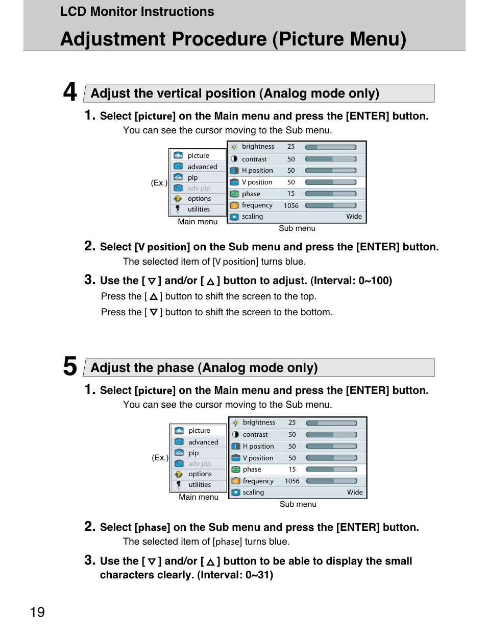 Adjustment procedure (picture menu), Lcd monitor instructions, Adjust the vertical position (analog mode only) | Adjust the phase (analog mode only) | Planar 40" User Manual | Page 20 / 60