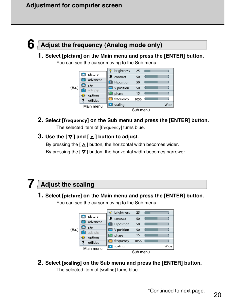 Adjust the frequency (analog mode only), Adjust the scaling, Adjustment for computer screen | Planar 40" User Manual | Page 21 / 60