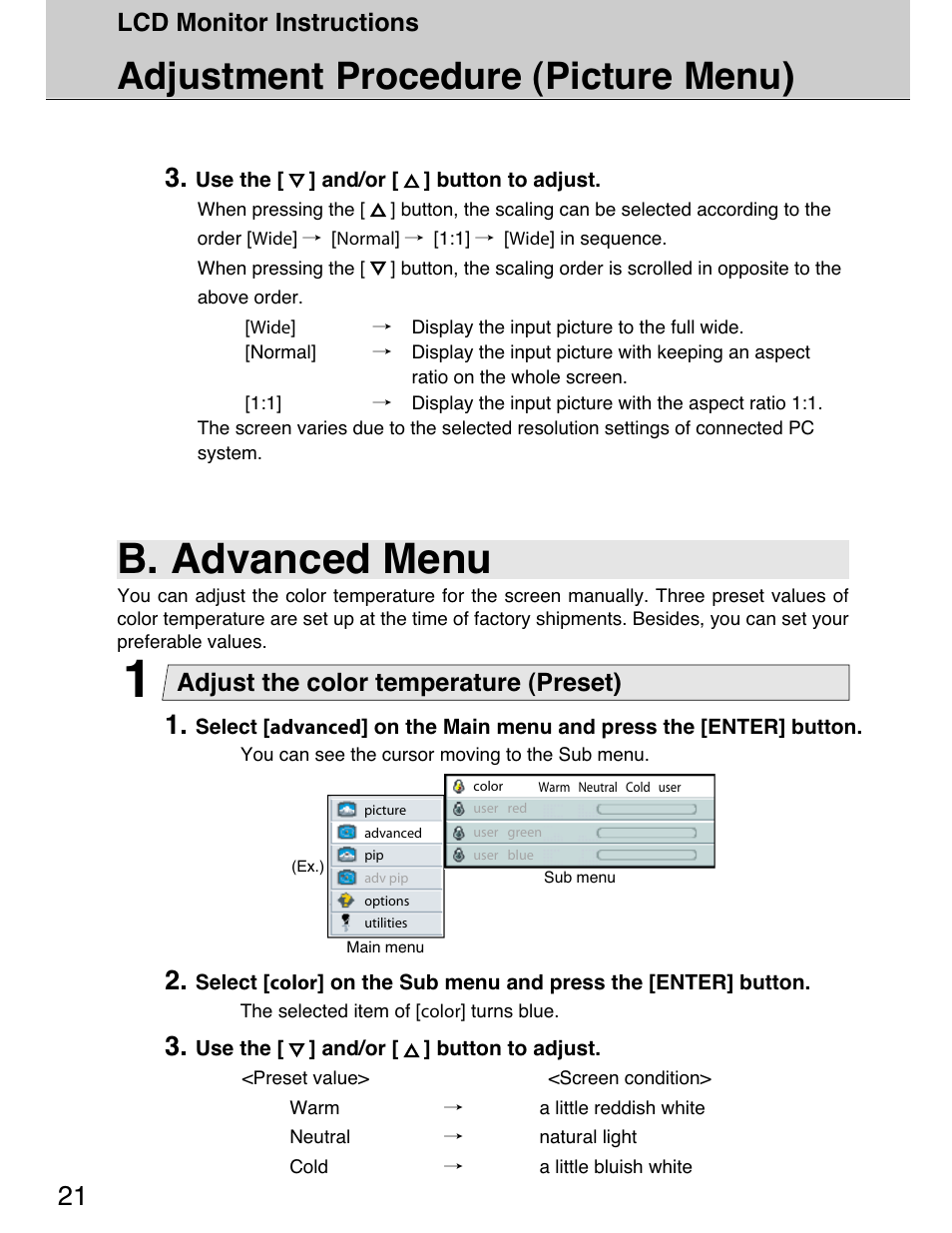B. advanced menu, Adjustment procedure (picture menu), Lcd monitor instructions | Adjust the color temperature (preset) | Planar 40" User Manual | Page 22 / 60