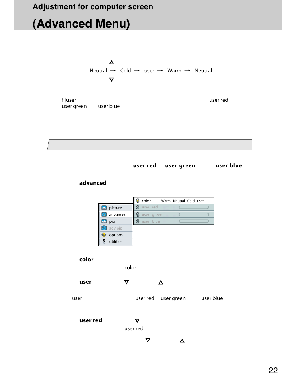 Advanced menu), Adjustment for computer screen, Adjust the color temperature (user) | Planar 40" User Manual | Page 23 / 60