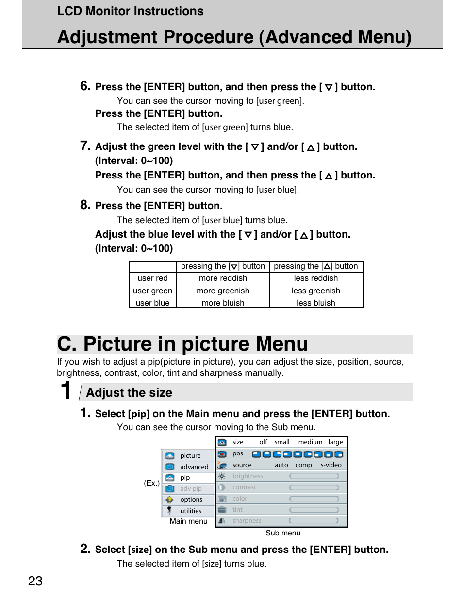 C. picture in picture menu, Adjustment procedure (advanced menu), Lcd monitor instructions | Adjust the size | Planar 40" User Manual | Page 24 / 60