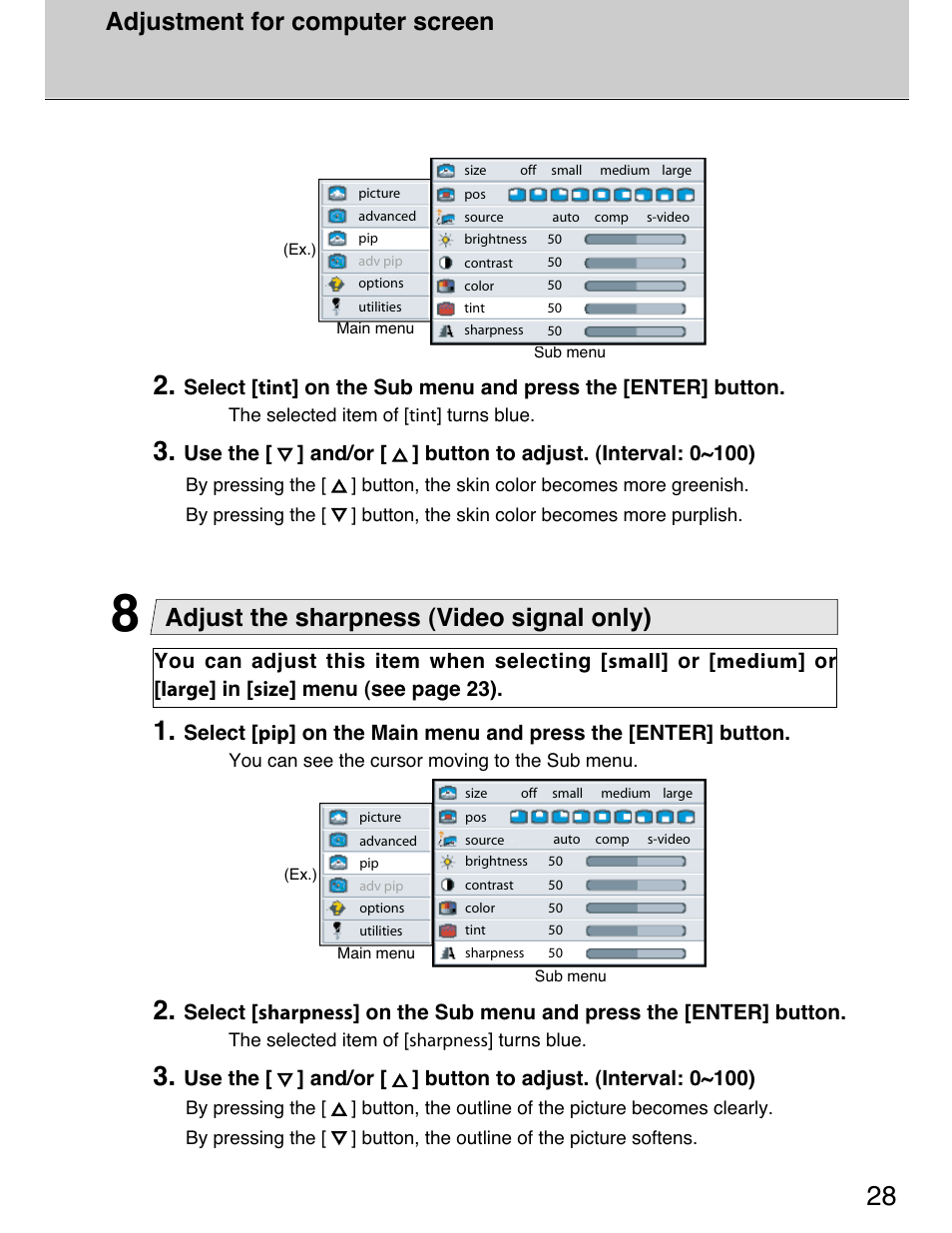 Adjust the sharpness (video signal only), Adjustment for computer screen | Planar 40" User Manual | Page 29 / 60