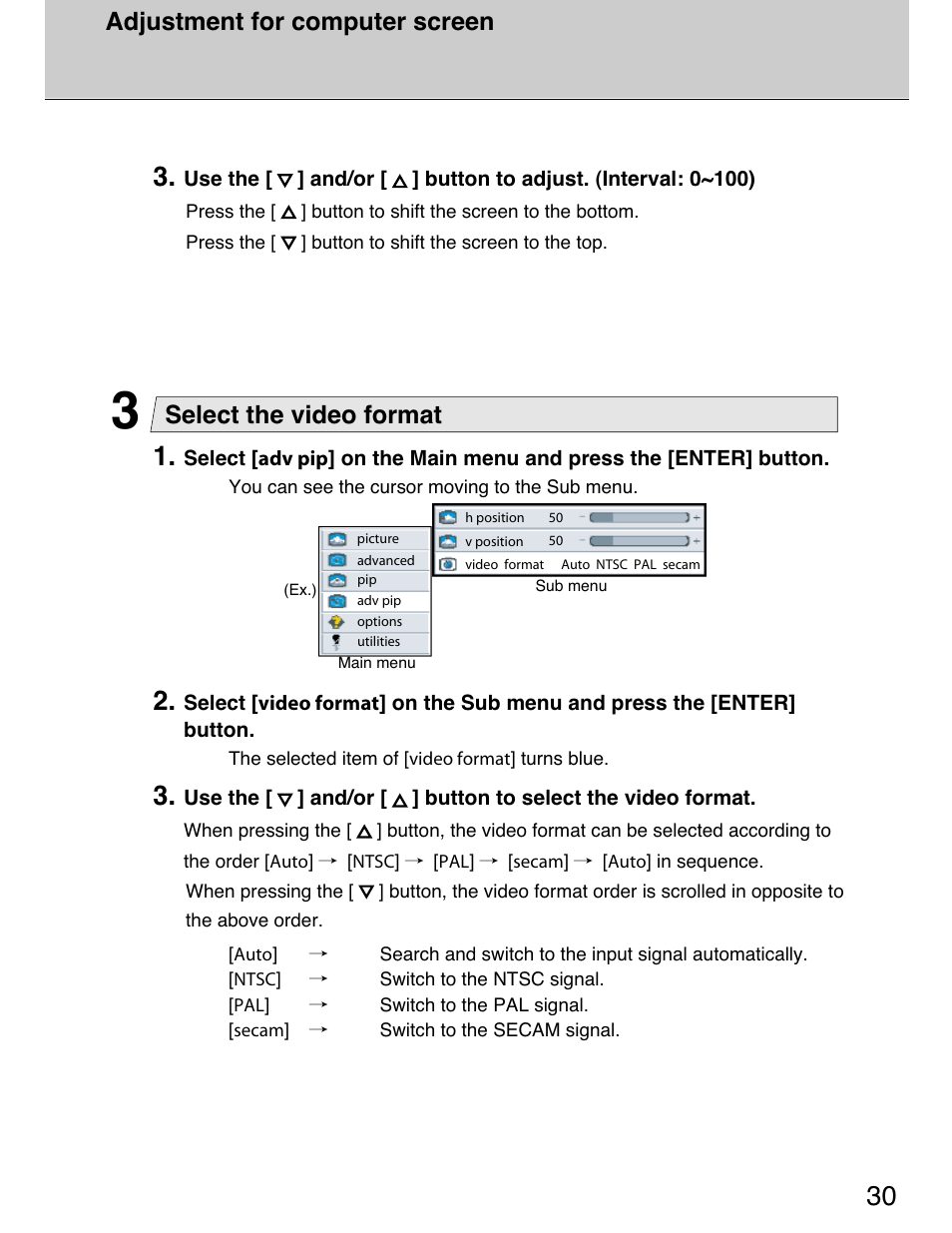 Select the video format, Adjustment for computer screen | Planar 40" User Manual | Page 31 / 60