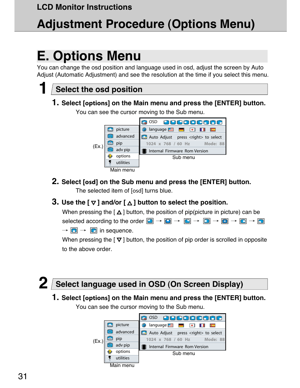 E. options menu, Adjustment procedure (options menu), Lcd monitor instructions | Select the osd position, Select language used in osd (on screen display) | Planar 40" User Manual | Page 32 / 60