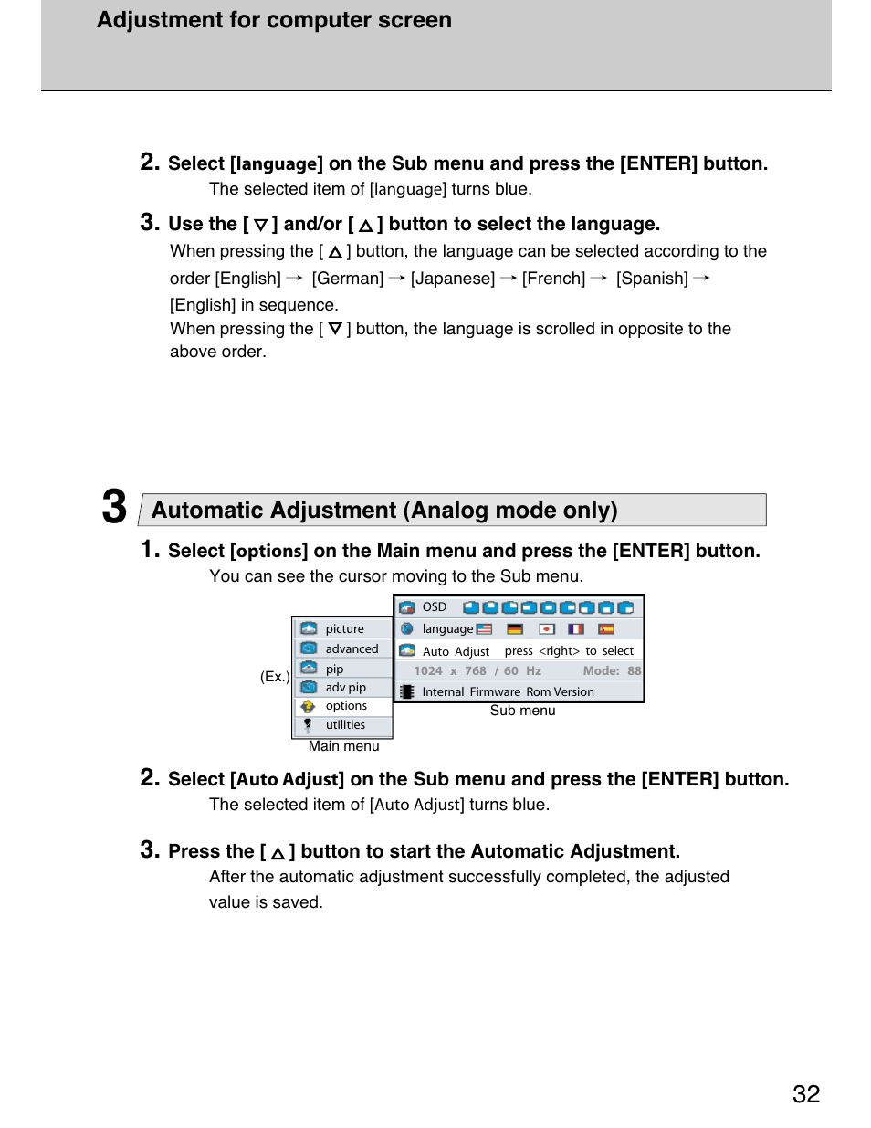 Automatic adjustment (analog mode only), Adjustment for computer screen | Planar 40" User Manual | Page 33 / 60