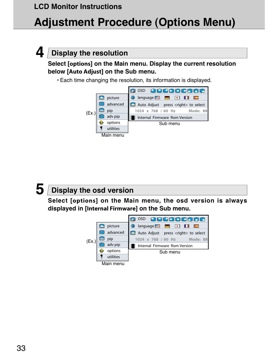 Adjustment procedure (options menu), Lcd monitor instructions, Display the osd version | Display the resolution | Planar 40" User Manual | Page 34 / 60