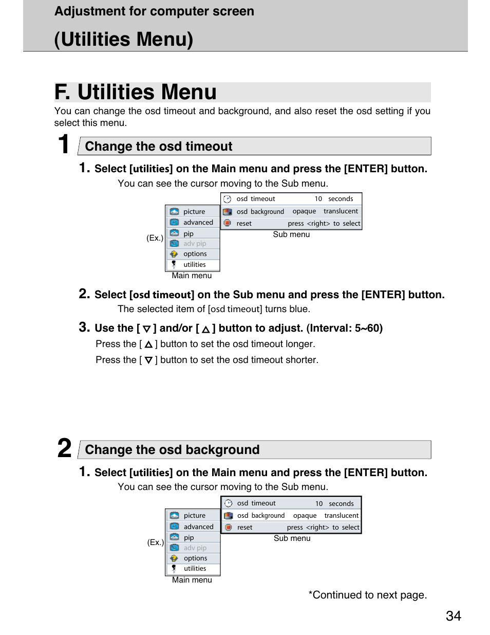 F. utilities menu, Utilities menu), Change the osd timeout | Change the osd background, Adjustment for computer screen | Planar 40" User Manual | Page 35 / 60