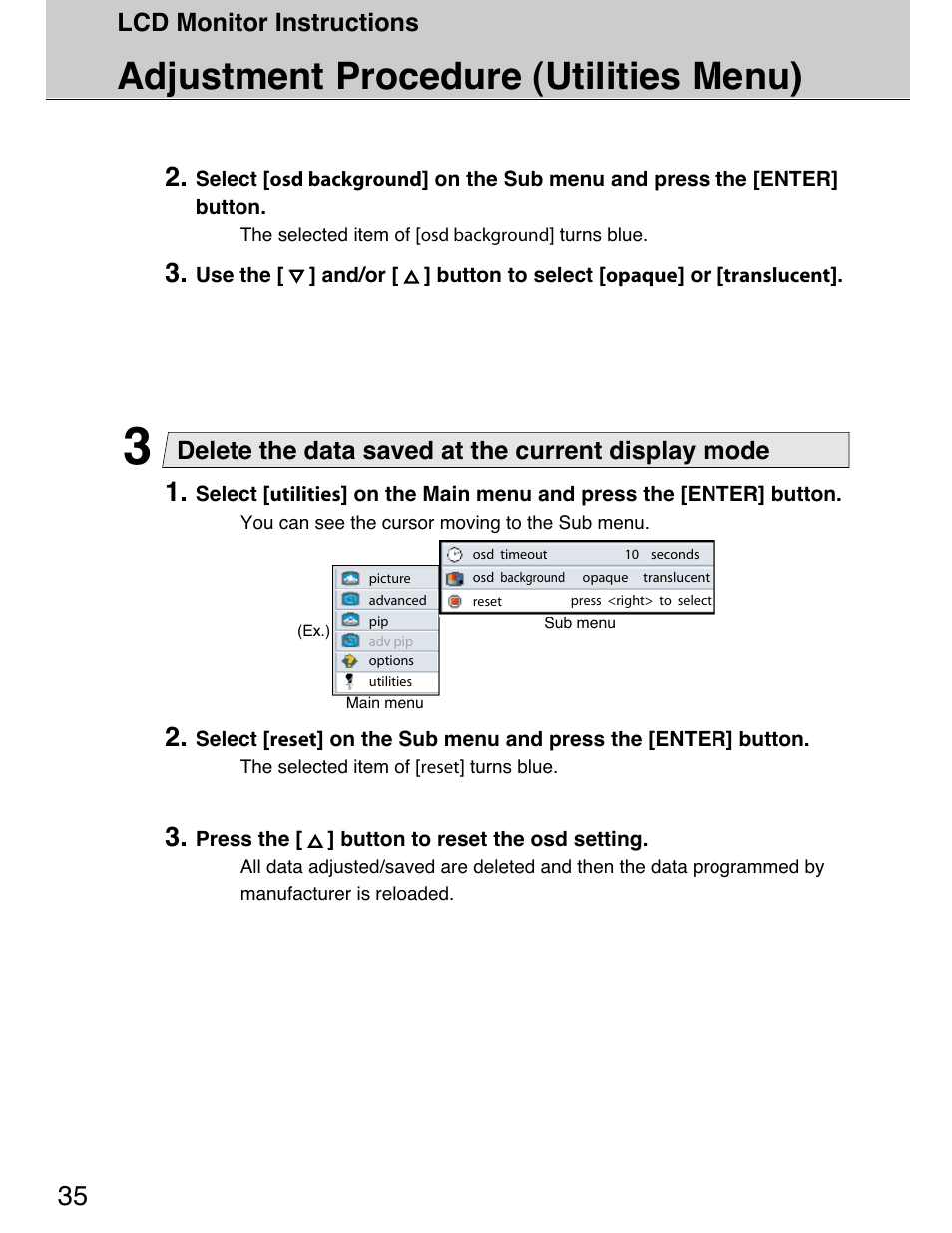 Adjustment procedure (utilities menu), Lcd monitor instructions, Delete the data saved at the current display mode | Planar 40" User Manual | Page 36 / 60