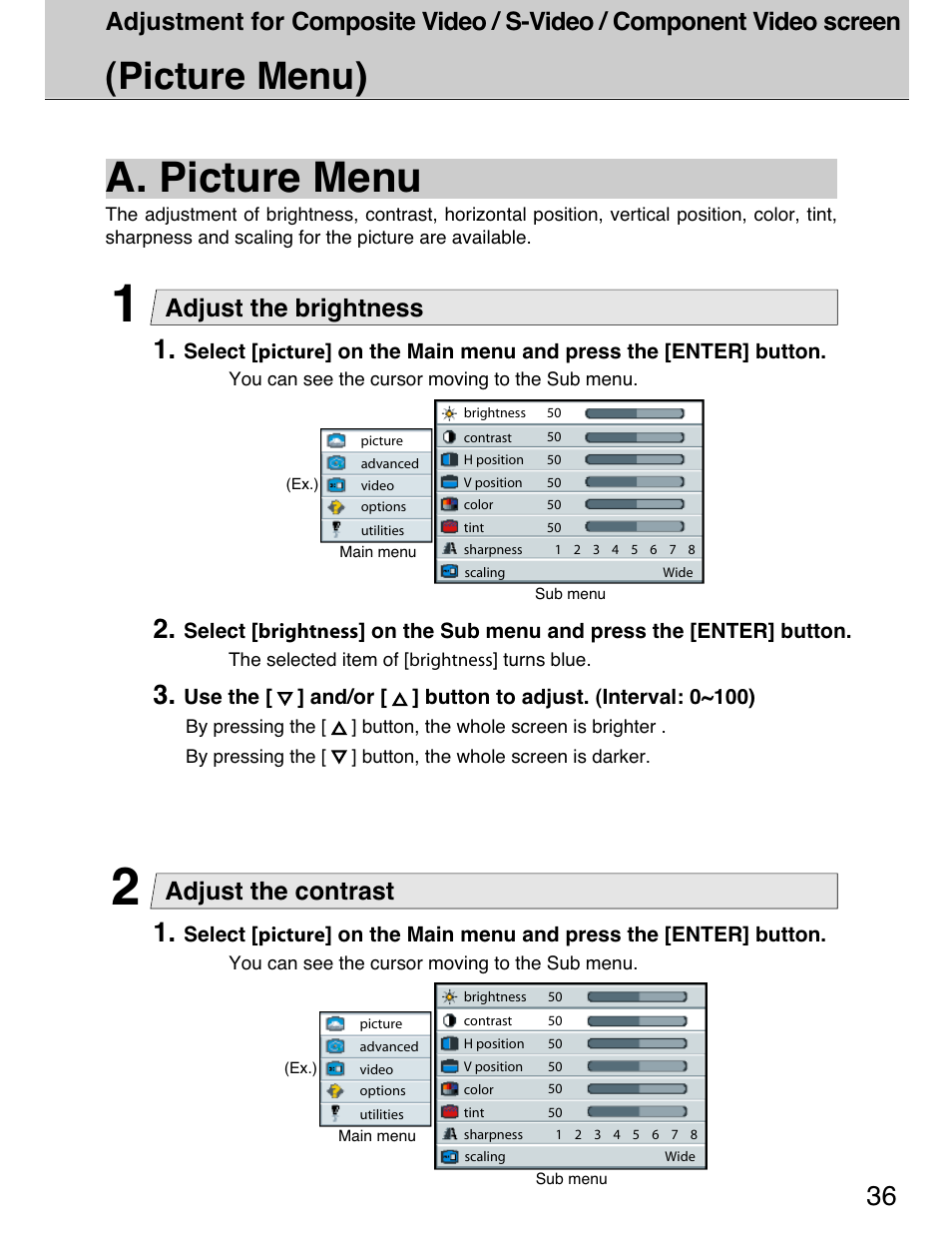 A. picture menu, Picture menu), Adjust the brightness | Adjust the contrast | Planar 40" User Manual | Page 37 / 60