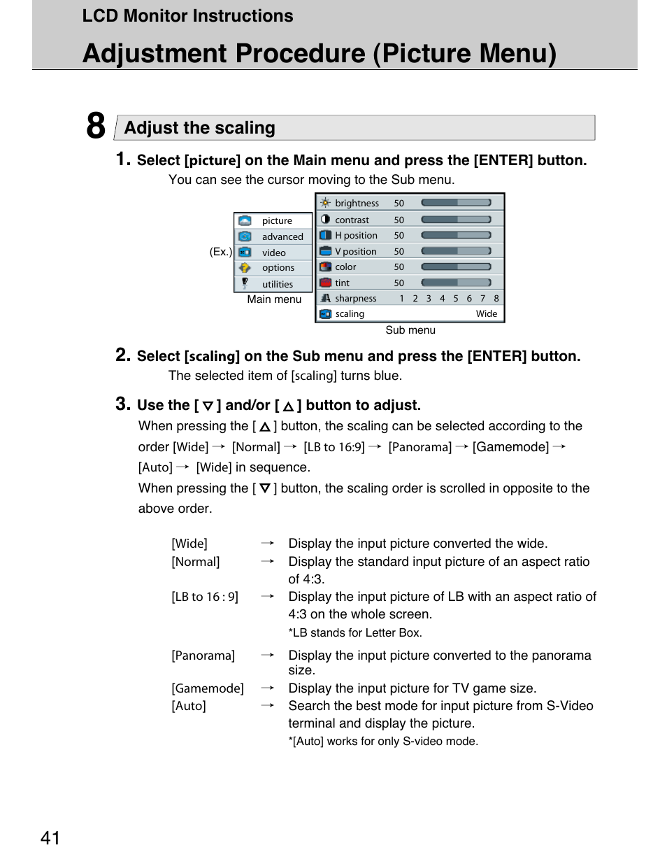 Adjustment procedure (picture menu), Lcd monitor instructions, Adjust the scaling | Planar 40" User Manual | Page 42 / 60