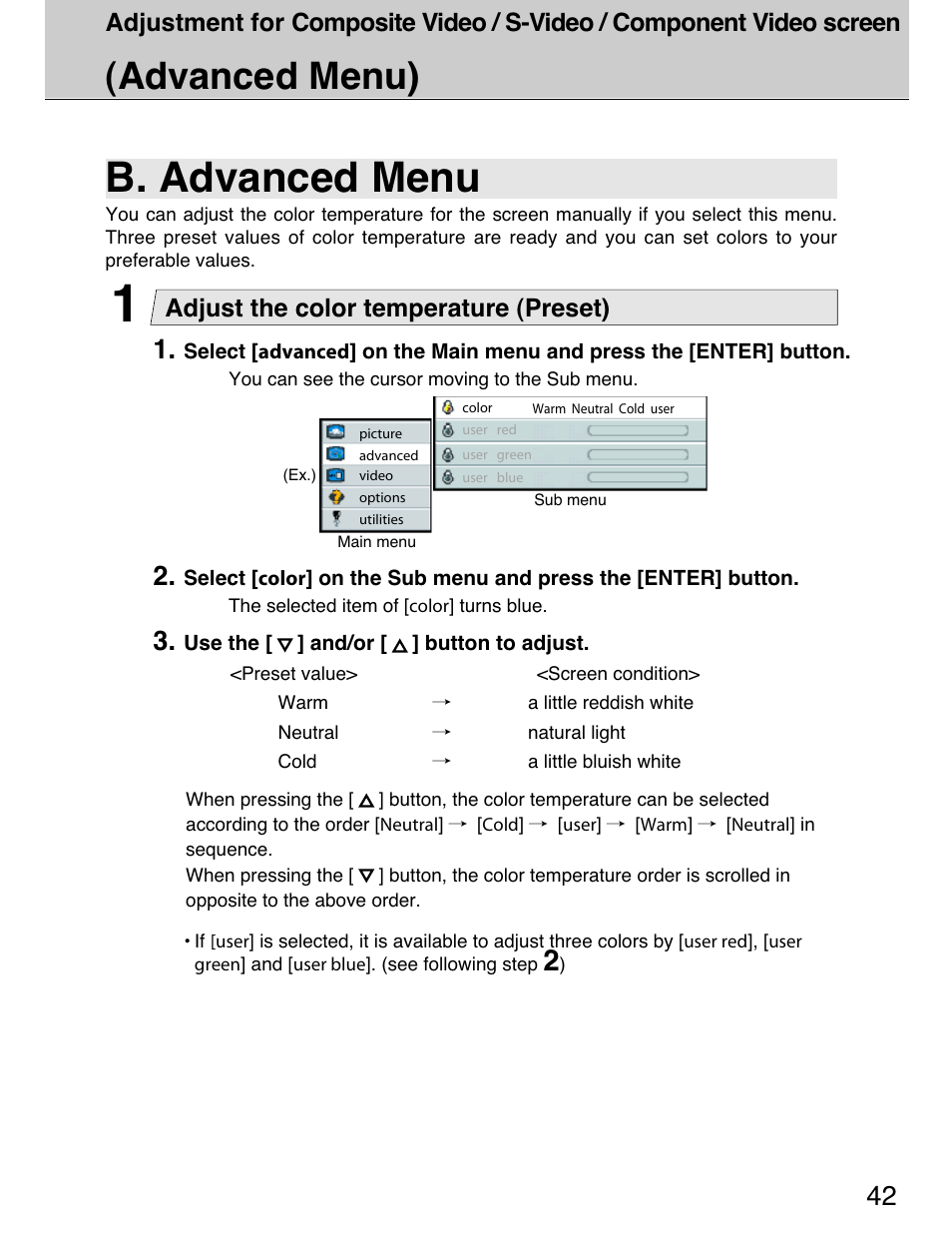 B. advanced menu, Advanced menu), Adjust the color temperature (preset) | Planar 40" User Manual | Page 43 / 60