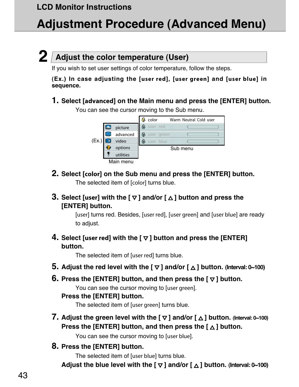 Adjustment procedure (advanced menu), Lcd monitor instructions, Adjust the color temperature (user) | Planar 40" User Manual | Page 44 / 60
