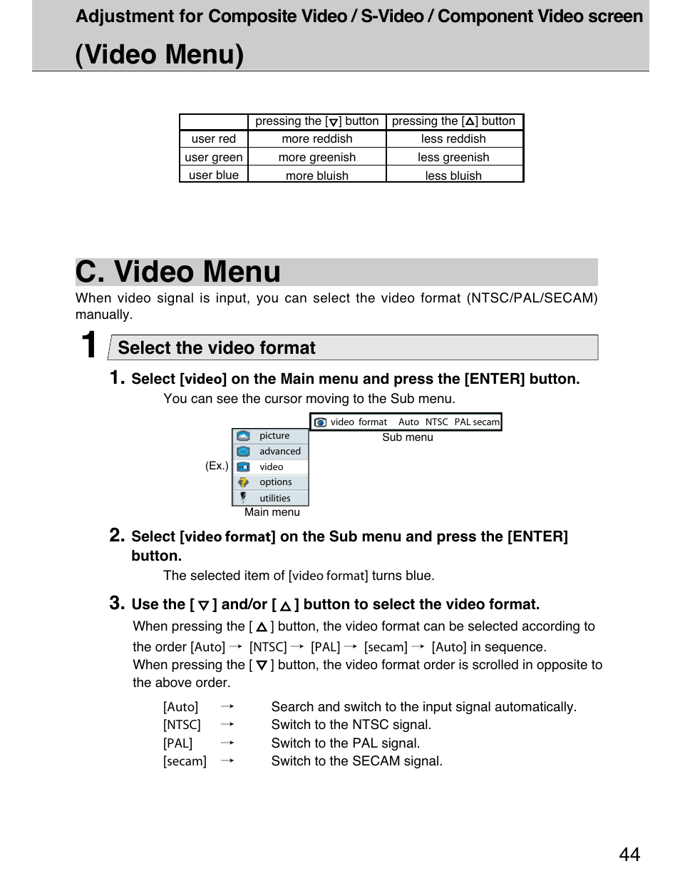 C. video menu, Video menu), Select the video format | Planar 40" User Manual | Page 45 / 60