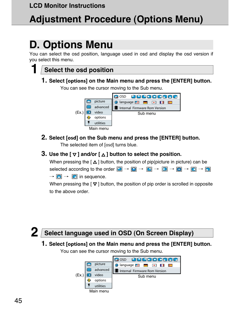 D. options menu, Adjustment procedure (options menu), Lcd monitor instructions | Select language used in osd (on screen display), Select the osd position | Planar 40" User Manual | Page 46 / 60