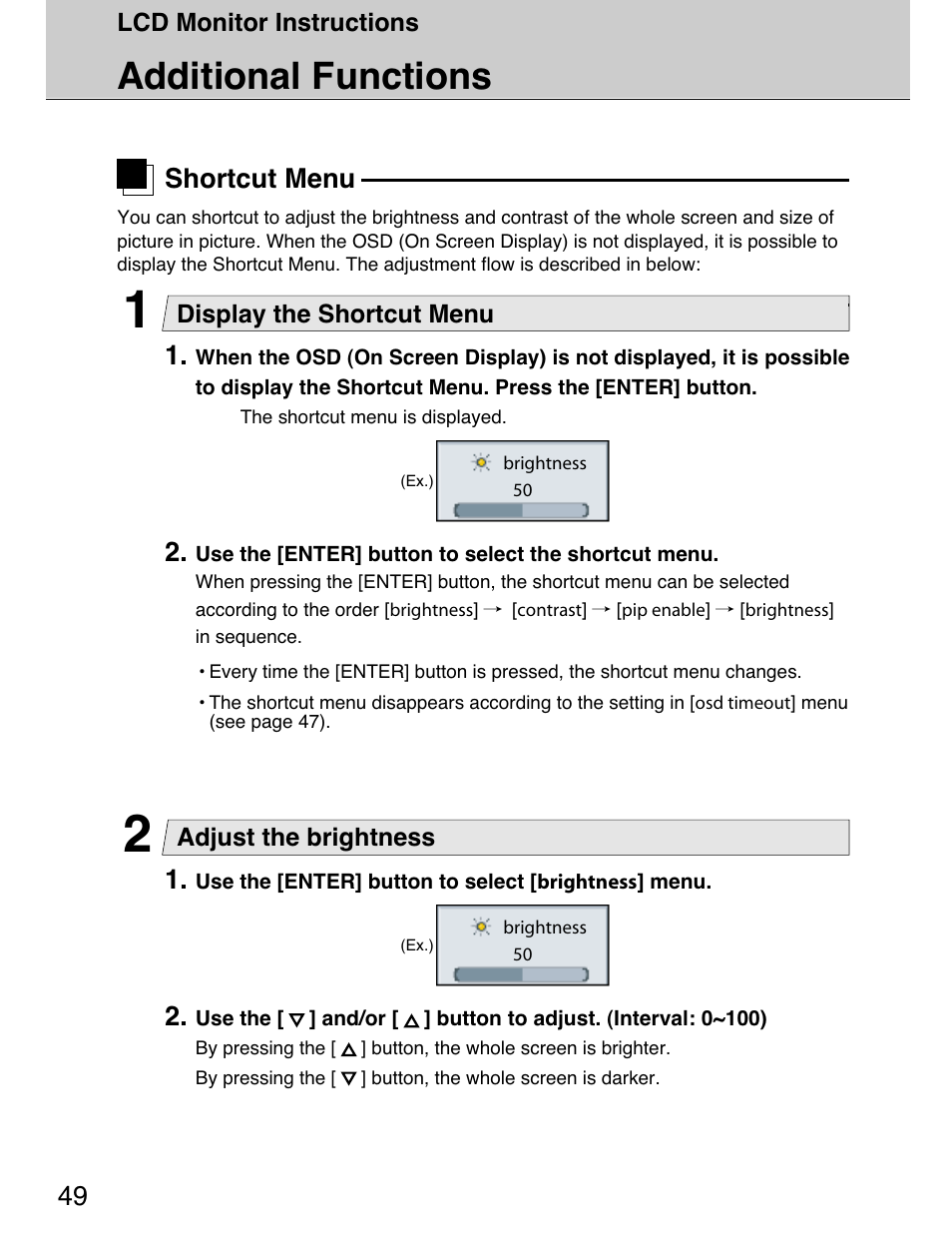 Additional functions, Shortcut menu, Lcd monitor instructions | Display the shortcut menu, Adjust the brightness | Planar 40" User Manual | Page 50 / 60