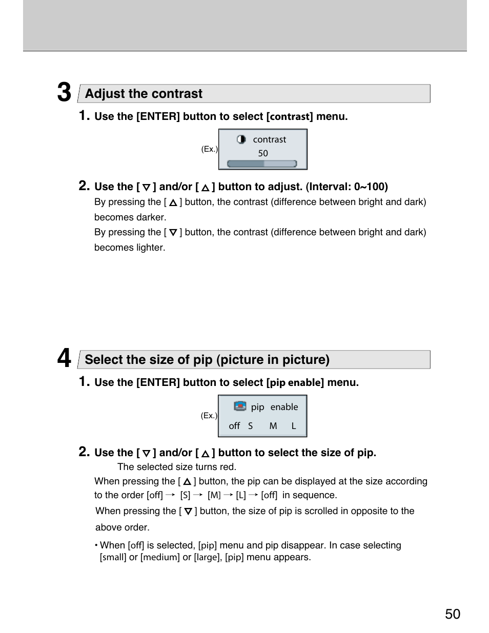 Select the size of pip (picture in picture), Adjust the contrast | Planar 40" User Manual | Page 51 / 60