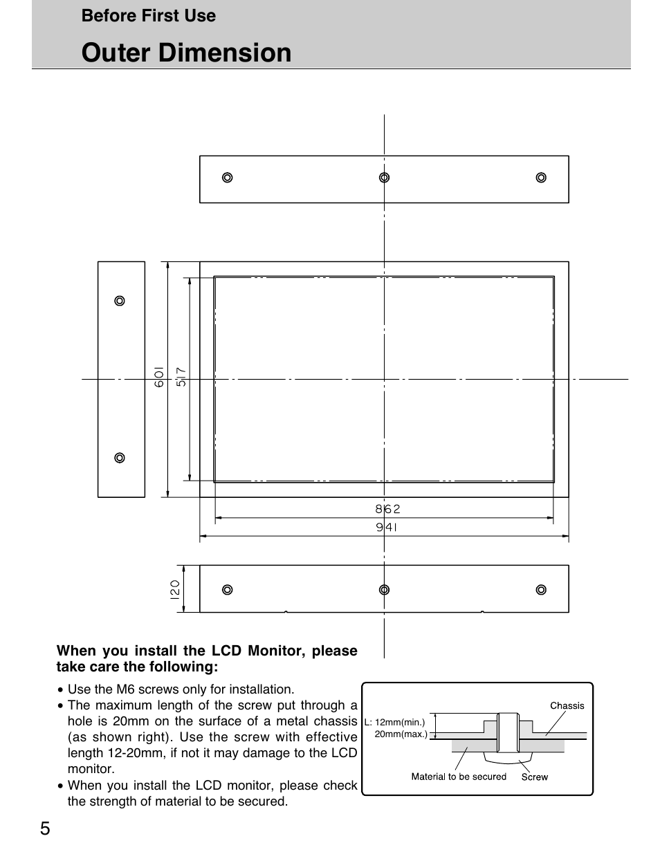 Outer dimension, Before first use | Planar 40" User Manual | Page 6 / 60