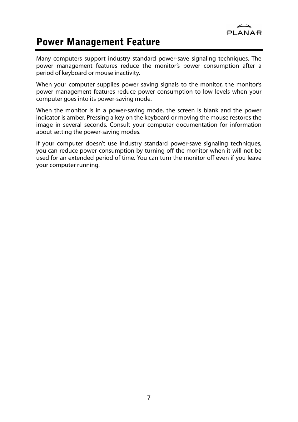 Power management feature | Planar PL1500M User Manual | Page 10 / 28