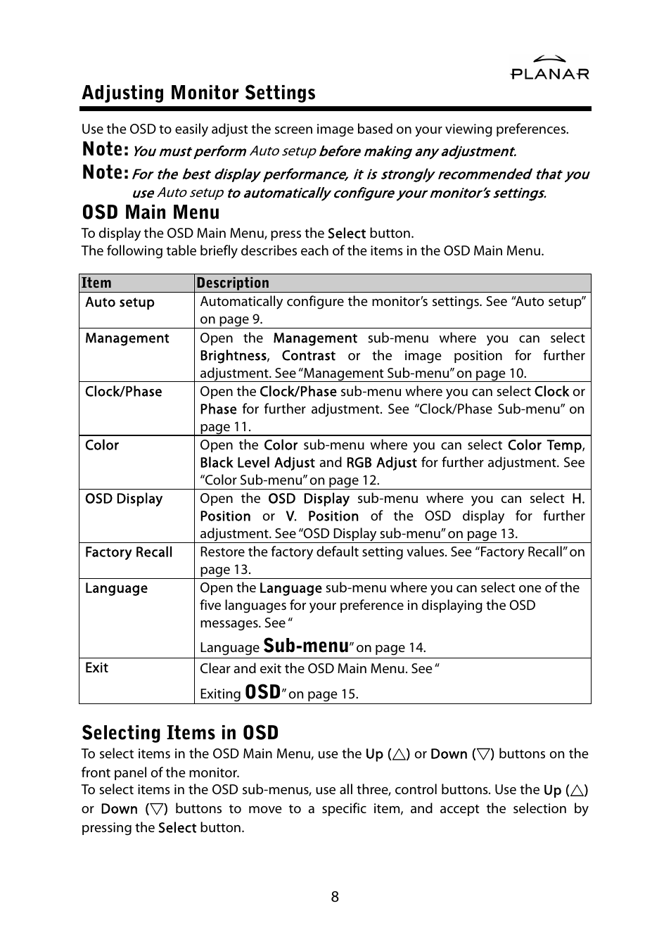 Adjusting monitor settings, Osd main menu, Sub-menu | Selecting items in osd | Planar PL1500M User Manual | Page 11 / 28